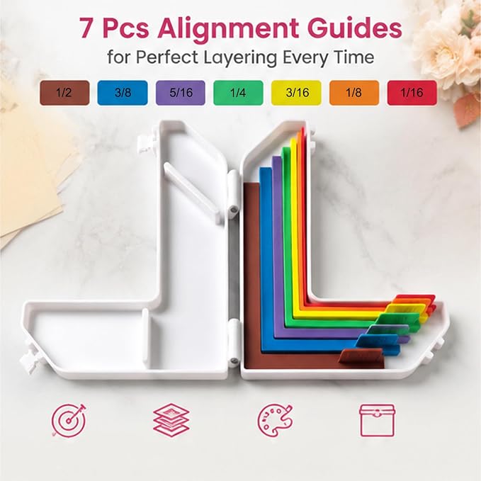 7 Pcs Paper Crafting Alignment Guides with Storage Case, Precision Layering & Matting Spacers for Card Making and Scrapbooking, Color-Coded Tools with Size Tabs, 1/16 to 1/2 Inch Increments
