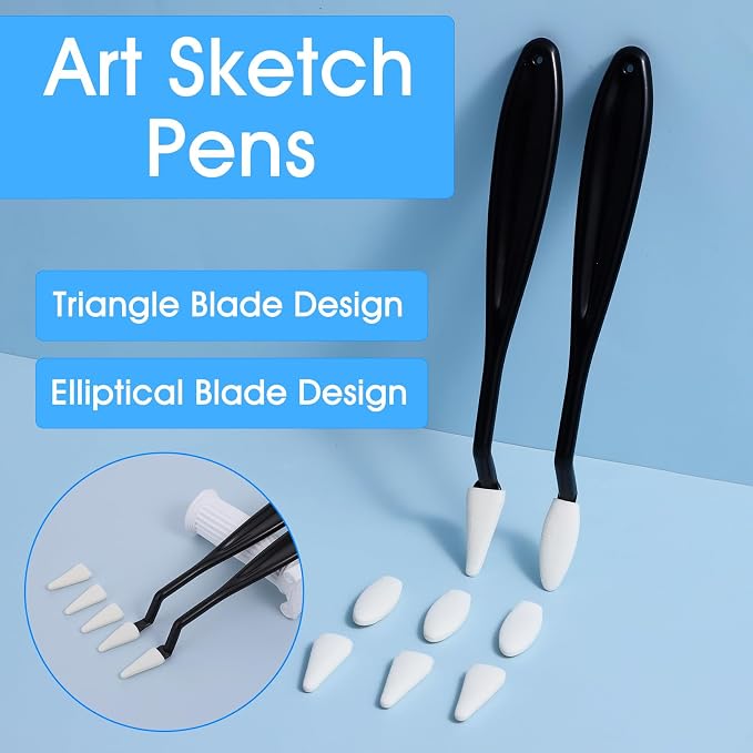 2pcs Paper Art Blending Stumps, Washable Sketch Trimmer, 2 Head Types, 20 Replacement Sponge Wipes, Sketch Drawing Tools Ideal for Highlighting, Shadowing, and Correcting Drawing