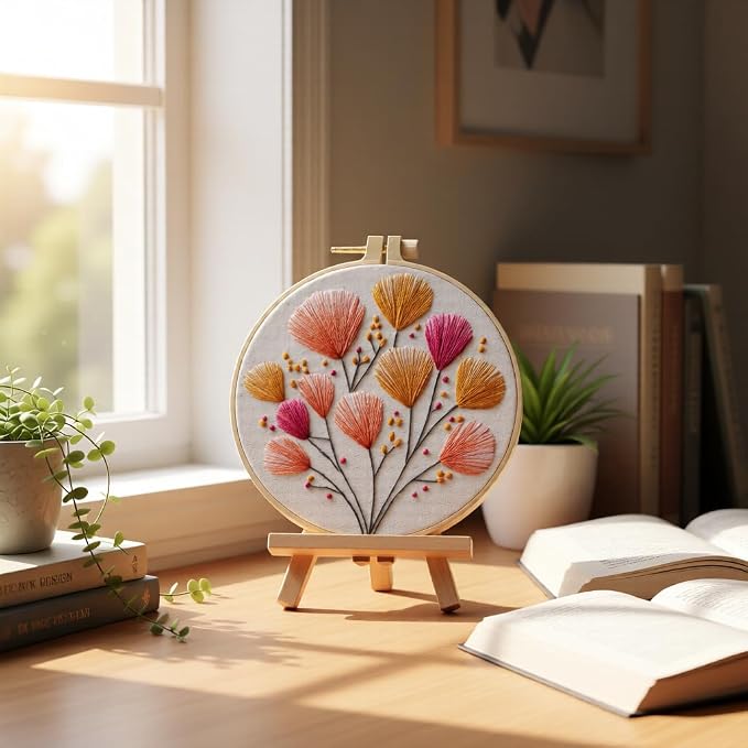 JJFox Embroidery Kit for Beginners and Adults, DIY Hand Embroidery Starter Kit with Cute Pattern, Cross Stitch Needlepoint Set with Hoop, Threads and Instructions (Flower-2)