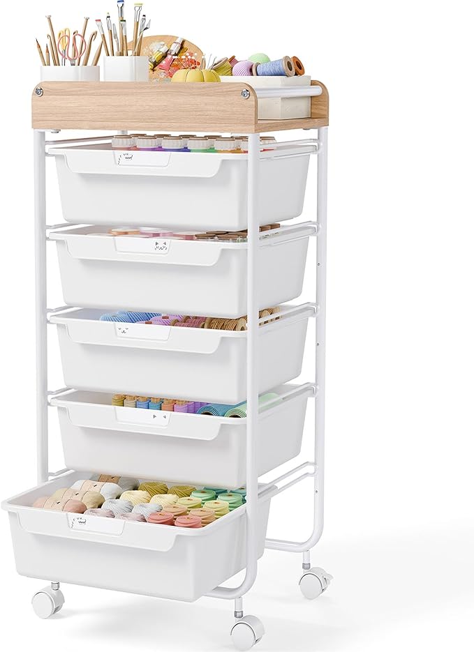 SYKIARIOL Utility Cart with Drawers,Craft Cart with 5 Drawers,White | Art Supply Organizer,Rolling Drawer Cart,Craft Storage Cart,Storage Drawer Carts With DIY Lable and Wooden Tabletop Area