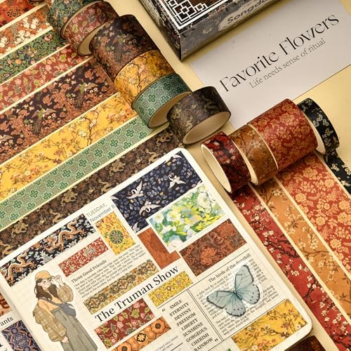 12 Rolls Chinoiserie Washi Tape Set Chinese Arts Adhesive Tapes Geometric Garden Decorative Masking Tape Sets for Craft, Kids, Scrapbook, DIY, Gift Wrapping (Whispers of Dragon)