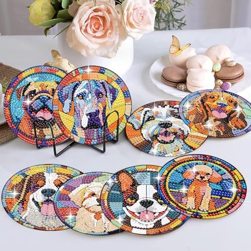 Zythron 8 Pack Dog Diamond Art Coasters,Diamond Painting Coasters Kits