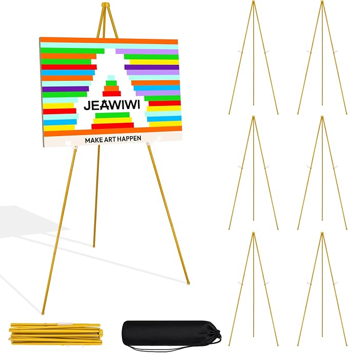 JEAWIWI 7 Pcs Lightweight Easel Stand, 66 Inch, Gold, with Portable Bags | Adjustable Metal Easel for Wedding Sign, Display Show, Arts, Poster, Party, Home, Office, School, Gallery, Birthday