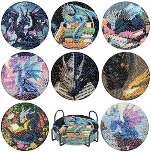 NEGEKFKX 8 Pcs Dragon Book Diamond Art Painting Coasters Kits, Coaster with Holder for Adults, Non-Slip DIY Dot Paint Craft Kits,5D Full Drill DIY Diamond Dot Gem Art Kit Home Decor Arts Craft