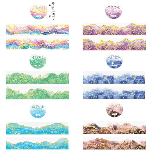 Gradient Watercolor Smudge PET Tape Decorative Collage Junk Journal Scrapbook Supplies Gold Foil Watercolor Blending Design Deco Tape For Scrapbooking Star Sky PET Stickers For Journaling Supplies