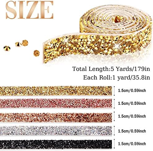 Xinnun 5 Rolls Rhinestone Ribbon,Bright Colors,0.59 Inch,Basic Style
