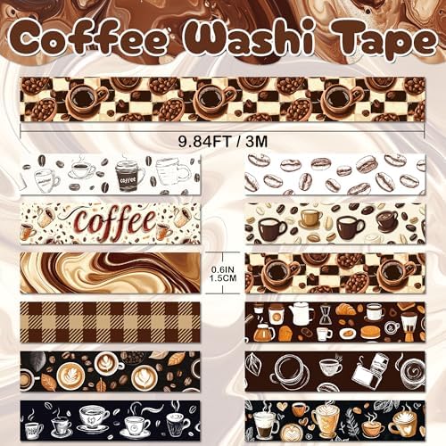 12 Rolls Washi Tape Set, Coffee Themed Decorative Tape Vintage Watercolor Brown Cafe Caffeine Masking Tape for Journaling Supplies,Junk Journal, Scrapbooking,Planner,DIY Arts & Crafts Supplies