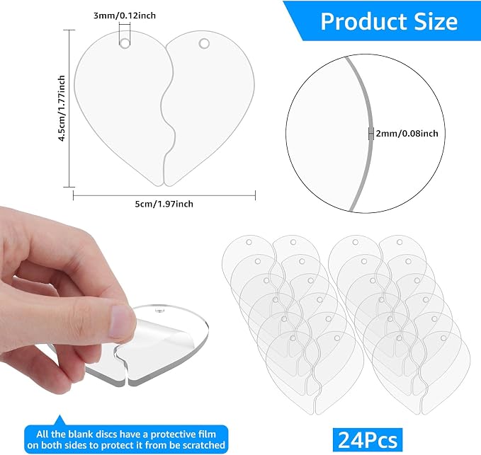 24Pcs Acrylic Keychain Blanks Clear Acrylic Ornaments Bulk Heart Key Chains Blanks with Holes for DIY Crafts Matching Couple Keychain for Him and Her Valentine Birthday Christmas Anniversary