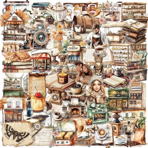 50PCS Retro Coffee Stickers for Scrapbooking Journaling Junk Journal Scrapbook Supplies - Waterproof Transparent PET Aesthetic Decals for Resin Crafts Decorative Art Crafts (Retro-3A)