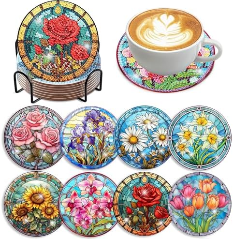 Diamond Art Coasters Kit, 8 Pieces Flowers Diamond Painting Coasters Kit