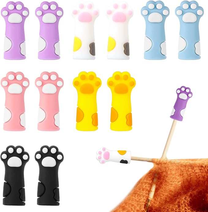 12 PCS Cat Paw Knitting Needle Stoppers,Silicone Needle Minders,Stitch Stoppers for Knitting Needles Knitted Needles Point Protectors for Small Knitted Accessories Supplies fit Size 11-17(8mm-12.75mm)