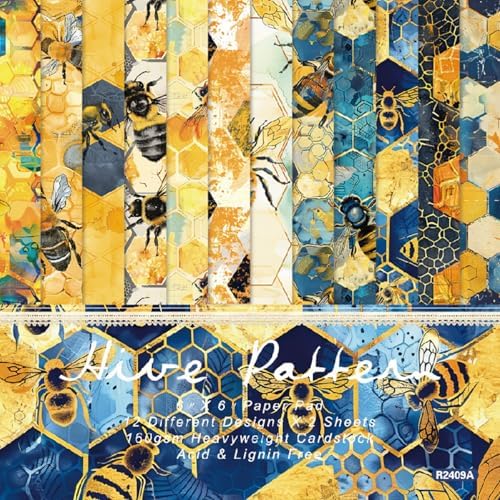 6-inch Bee Scrapbooking Paper Pad - 24 Sheets Aesthetic Patterned Decorative Collage Junk Journal Decoupage for Origami Wrapping Folded Supplies Gift Cards DIY Crafts Scrapbook Photo Album