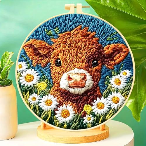 Zhenqing Cow Embroidery Kit for Beginners, Cute Farm Animal Needlework Craft with Pre-Printed Cotton Fabric, Hoop, Threads & Tools, Farmhouse Decor (C0067)