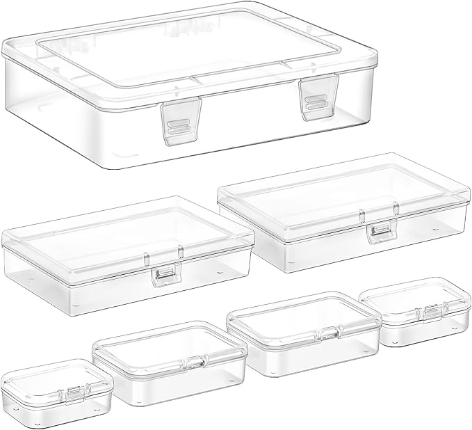 Clear Small Plastic Storage Containers with Lids, 7 Pack | Rectangular Mixed Sizes Mini Bins, Art Craft Supply Storage Boxes, Drawer Organizer with Lid, For Small Items Organizing