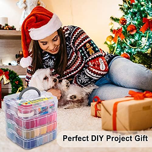 INSCRAFT 403 Pack Embroidery Kits for Adults, 250 Colours Embroidery Threads, Cross Stitch Kits for Beginners Bracelet and Craft Making, 153 Pcs Cross Stitch Tool, 4-Tier Transparent Craft Storage Box