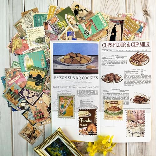 Prstincol 100 Pcs Scrapbooking Stickers,Food Stickers for Scrapbooking,Vintage Stamp Sticker for Journaling,Retro Poster Sticker for Water Bottle Laptop Phones Bullet Journal