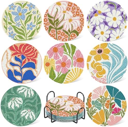 CRZMODE 8 Pcs Diamond Art Coasters Kits, Flowers Diamond Painting Coasters