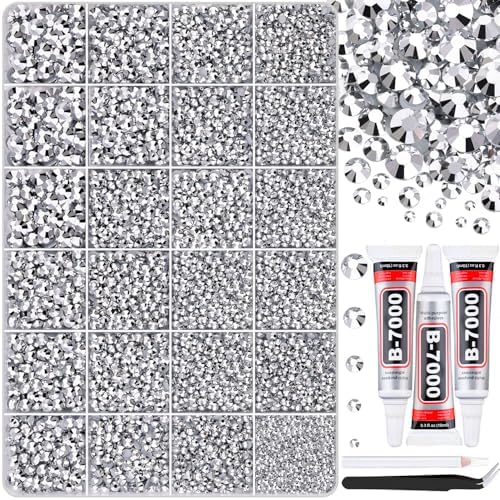 30000Pcs Silver Rhinestones for Bedazzling with B7000 Jewelry Glue, Bedazzler Kit Bulk Flatback Gems, Resin Rhinestones for Crafting Crafts Clothing Shoes Fabric Nail Art Assorted Size 2/3/4/5/6mm
