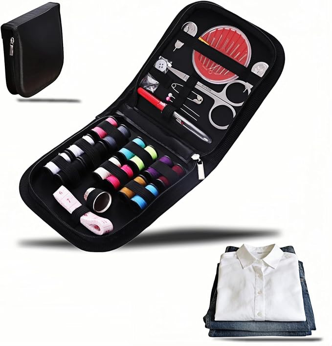 Portable Sewing Kit with 14 Threads & Scissors, Mini Travel Sewing Kit for Beginners & Adults, Emergency Sewing Set for Travelers, Gifts for Grandma Mom Friends, Compact Sewing Accessories (Black)