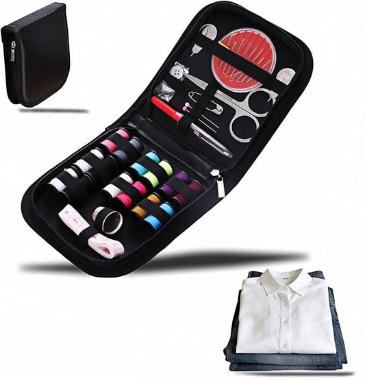 Portable Sewing Kit with 14 Threads & Scissors, Mini Travel Sewing Kit for Beginners & Adults, Emergency Sewing Set for Travelers, Gifts for Grandma Mom Friends, Compact Sewing Accessories (Black)