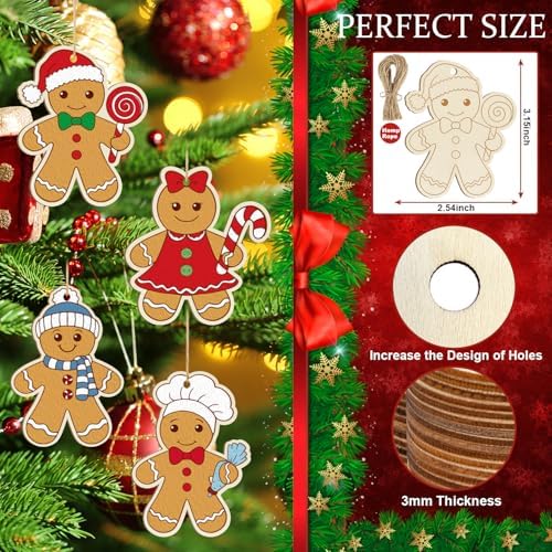 80PCS Wooden Christmas Ornaments to Paint, 8 Styles DIY Blank Unfinished Wood Gingerbread Man Cutouts Ornament for Crafts Winter Hanging Decorations