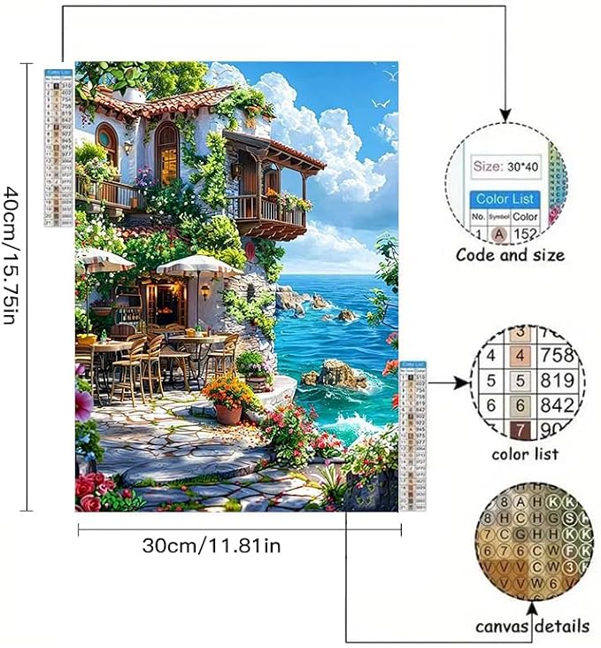 YUXUANKANG Diamond Painting Kit, Coastal Cliffside Cafe Scene, Colorful Floral Ocean View, DIY Art Craft 12X16inch
