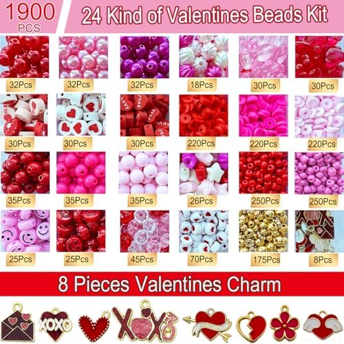 1900PCS+ Valentine’s Day Beads for Bracelets Jewelry Making Kit, Pink Red Polymer Clay Beads Assorted Pearl Crystal Star Heart Bead Acrylic Spacer Bead XOXO Heart Charms for Women Necklace DIY Crafts
