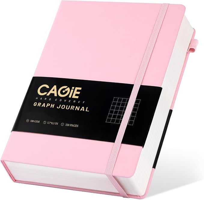 CAGIE Graph Paper Notebook 320 Pages 100 GSM Graphing Grid Journal B5 Hardcover Leather Quad Ruled Notebooks for Engineering, Math, Work, Pink