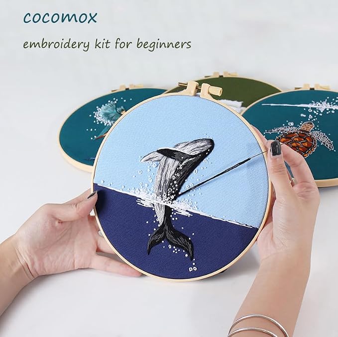 COCOMOX Embroidery Kit for Beginners, Hand Embroidery Stiches Practice Kit | 4 Differernt Animal Pattern, Hand Craft DIY Gift for Adults