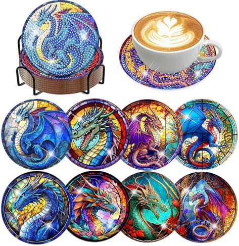 Diamond Art Coasters Kit, 8 Pieces Dragon Diamond Painting Coasters Kit