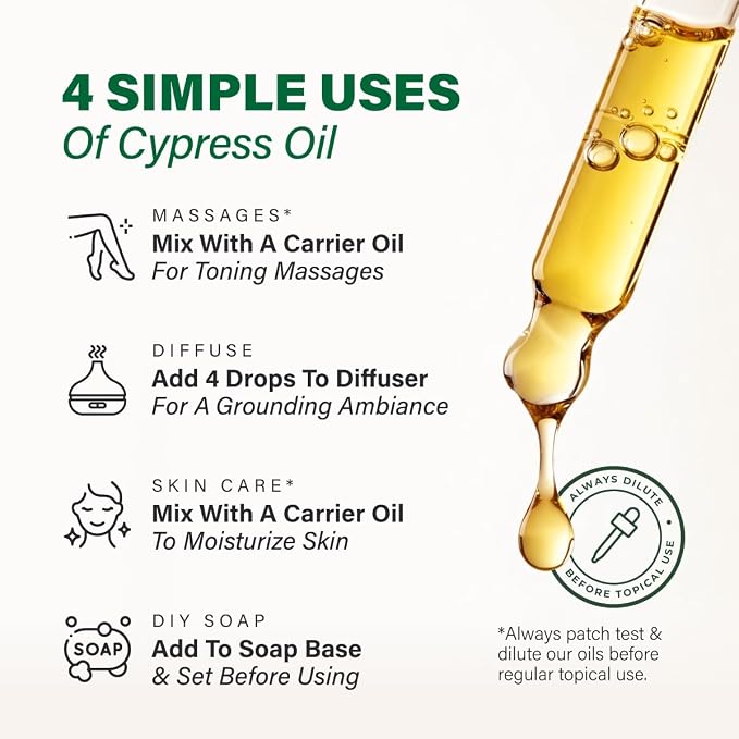Kukka 100% Pure Cypress Essential Oil for Skin, Diffuser, 4 Fl Oz | Undiluted Cypress Oil for Diffuser Blends, Massage, Aromatherapy & DIY Soap Making with a Calming Woodsy Scent