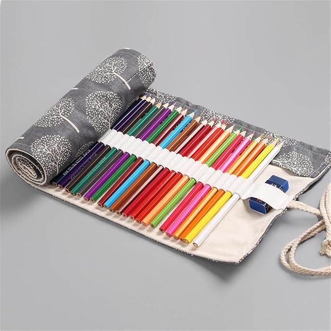 DIYOMR 12/24/36/72 Slots Pencil Wrap Roll, Artist Colored Roll Up Bag, Short Brushes Pouch Case Organizer for Drawing Coloring and Sketching, No Pencils (Trees, 12slots)