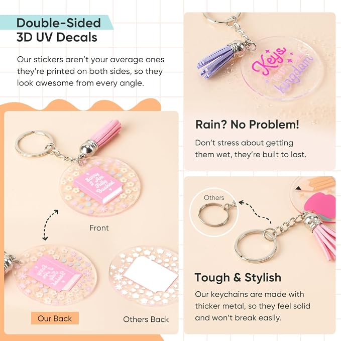 YOPPIX 140 PCS Acrylic Keychain Blank Set, Funny Double-Sided UV DTF Stickers Acrylic Keychain Making Kits for Vinyl DIY Craft Project