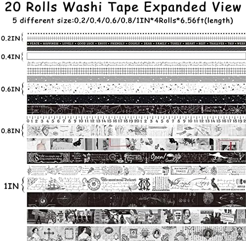 20 Rolls Vintage Washi Tape Set & 30 Pcs Black Retro Sticker, Wide Floral Aesthetic Masking Tape for Scrapbook Supplies,Junk Journal,Planner,DIY Decor, Craft (Black)