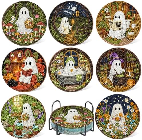 8 Pcs Halloween Diamond Art Coasters Kits, Ghost Diamond Painting Coasters