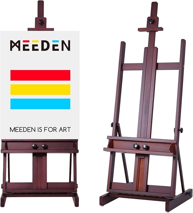 MEEDEN Art Painting Easel, Beech Wood Studio Easel 53" to 91"H, Holds Canvas to 78", Large Professional H-Frame Easel Stand with Storage Tray, Adjustable Floor Easel for Artists & Adults, Deep Walnut