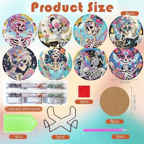 ijbnhd 8 PCS Skull Diamond Art Coasters Kit Diamond Painting Coasters