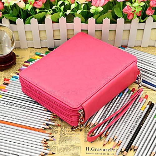 BTSKY Deluxe PU Leather Pencil Case For Colored Pencils - 120 Slot Pencil Holder with Handle Strap Handy Colored Pencil Box Large (Rose Red)