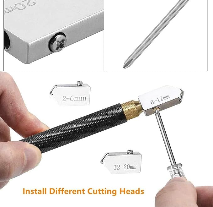 Glass Cutter Tool with Cutting Oil, Professional Glass Cutting Kit with Metal Ball Head, Oil Dropper, and 3 Replacement Cutting Heads