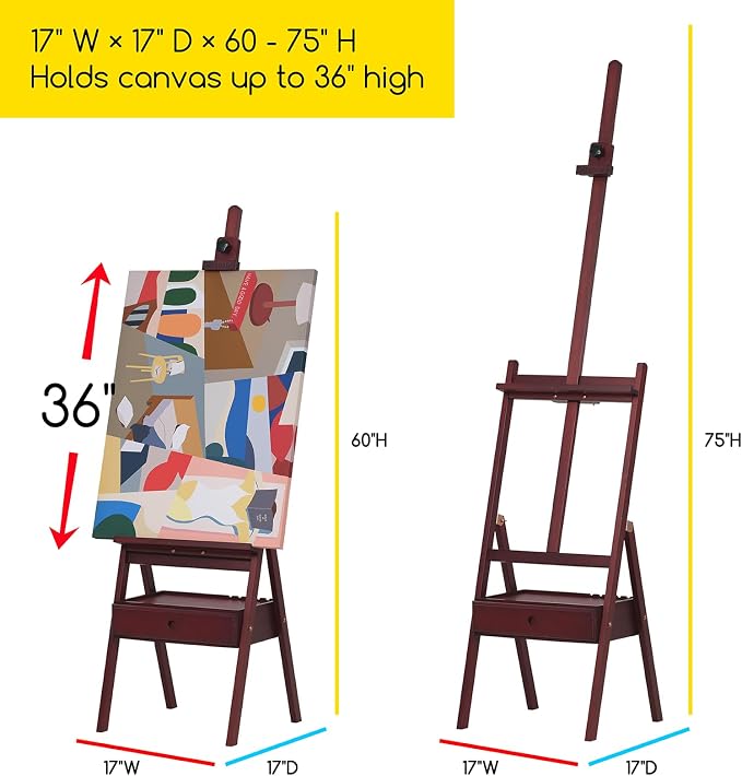 MEEDEN Studio H-Frame Easel with Art Supply Storage Drawer - Adjustable (60"~75") Wood Easel Stand for Artists, Adults and Students, Holds Canvas Art up to 35" - Deep Walnut