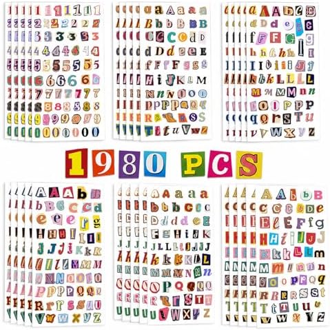 1980 PCS Scrapbook Letter Stickers, 30 Sheets Ransom Vintage Alphabet Stickers with Numbers, Small Letter Stickers for Junk Journaling Supplies, Scrapbooking, Planner, Journal, Scrap Book Supplies