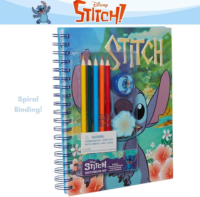 Disney Stitch Sketchbook for Kids with Colored Pencils, Pencil Sharpener, Eraser, Spiral Bound, Blue