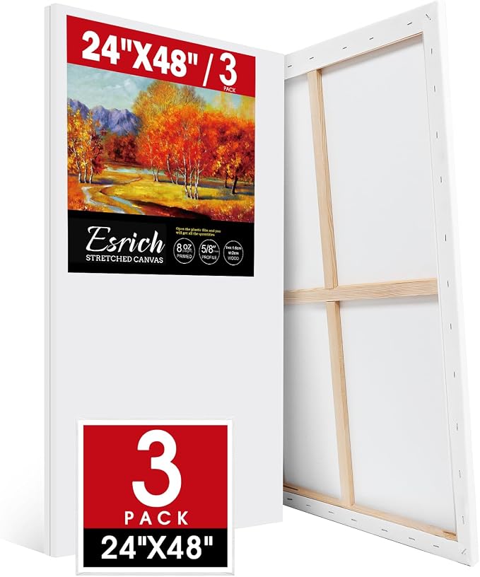 ESRICH Long Canvas for Painting 24x48 Inch, 3Pack Stretched Canvas for Painting, Primed Acid-Free Cotton Rectangular Blank Canvases, Art Paint Canvases for Oil,Watercolor,Acrylic Paint,Gouache