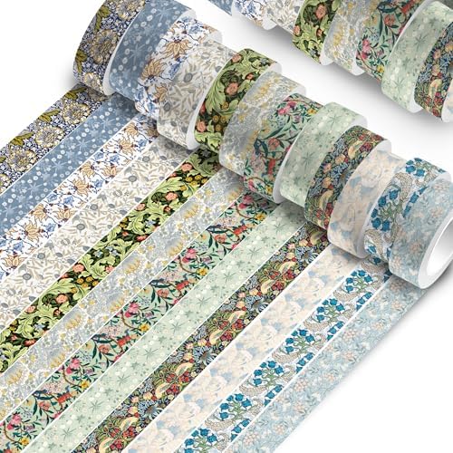 12 Rolls William Morris Washi Tape Set, 15 mm x 5 Meters Vintage Flower Decorative Masking Tape, William Morris Style Earthy Tones Botanical Patterns, for Arts DIY Craft, Scrapbook, Journal Supplies
