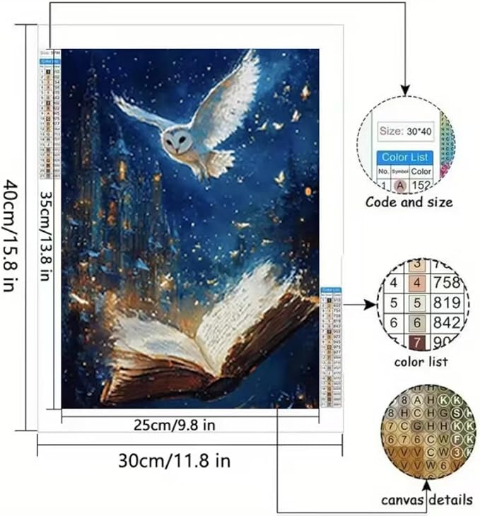YUXUANKANG Diamond Painting Kit, Owl and Magic Book Fantasy Scene, 12x16 Inch, Resin Drills, DIY Craft Activity for Adults