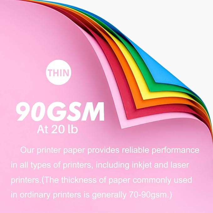 Colored Copy&Print Paper 8.5X11 Inches,180 Sheets 9 Colors Rainbow A4 Printer Paper 20 lb/90GSM Colored Origami Paper for Cutting DIY Art Craft