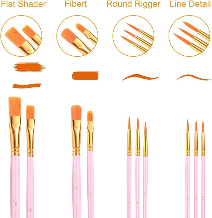 Acrylic Paint Brush Set, 20 Packs/200 pcs Nylon Hair Brushes | Oil and Watercolor, Perfect Suit of Art Painting, Best Present for Painting Pink