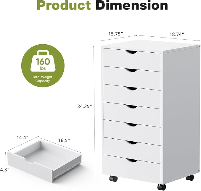 Sweetcrispy 7 Drawer Rolling Storage Cabinet, Wood Under Desk Mobile Dresser with Wheels, Small Organizer Chest for Home Office, Bedroom, Living Room, Compact Vertical Storage Furniture Unit, White
