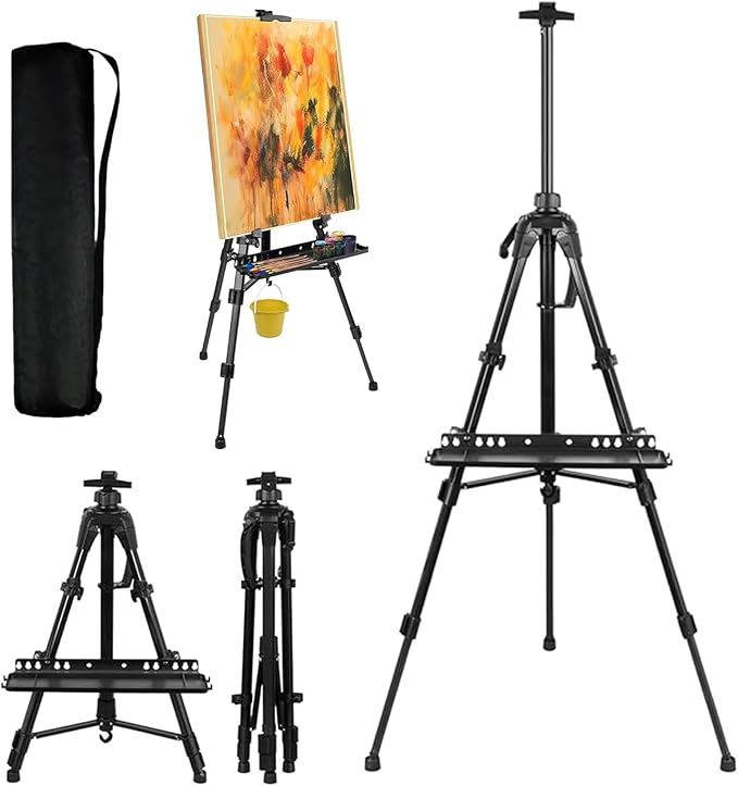 Art Easel Aluminum Alloy Portable Extendable Easel with Hand Crank Adjustable to 61.8 '' Drawing Board Holder, Compass, Level and Storage Bag -for Artists, Painters, Sketching, Outdoor Painting