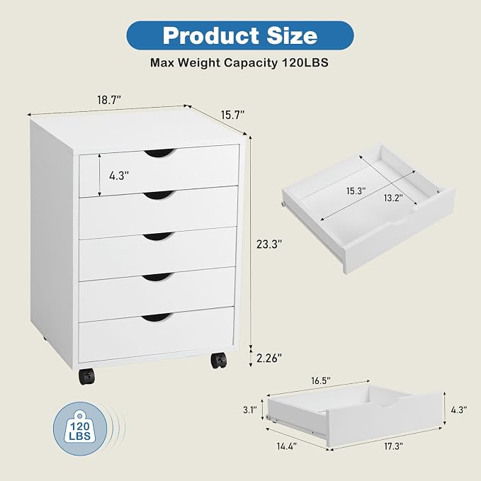 OLIXIS 5 Drawer File Cabinet on Wheels, Printer Stand